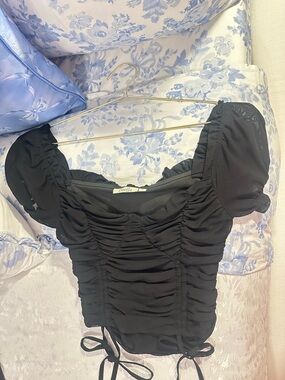 Black Ruched Square-Neck Crop Top with Tie Details